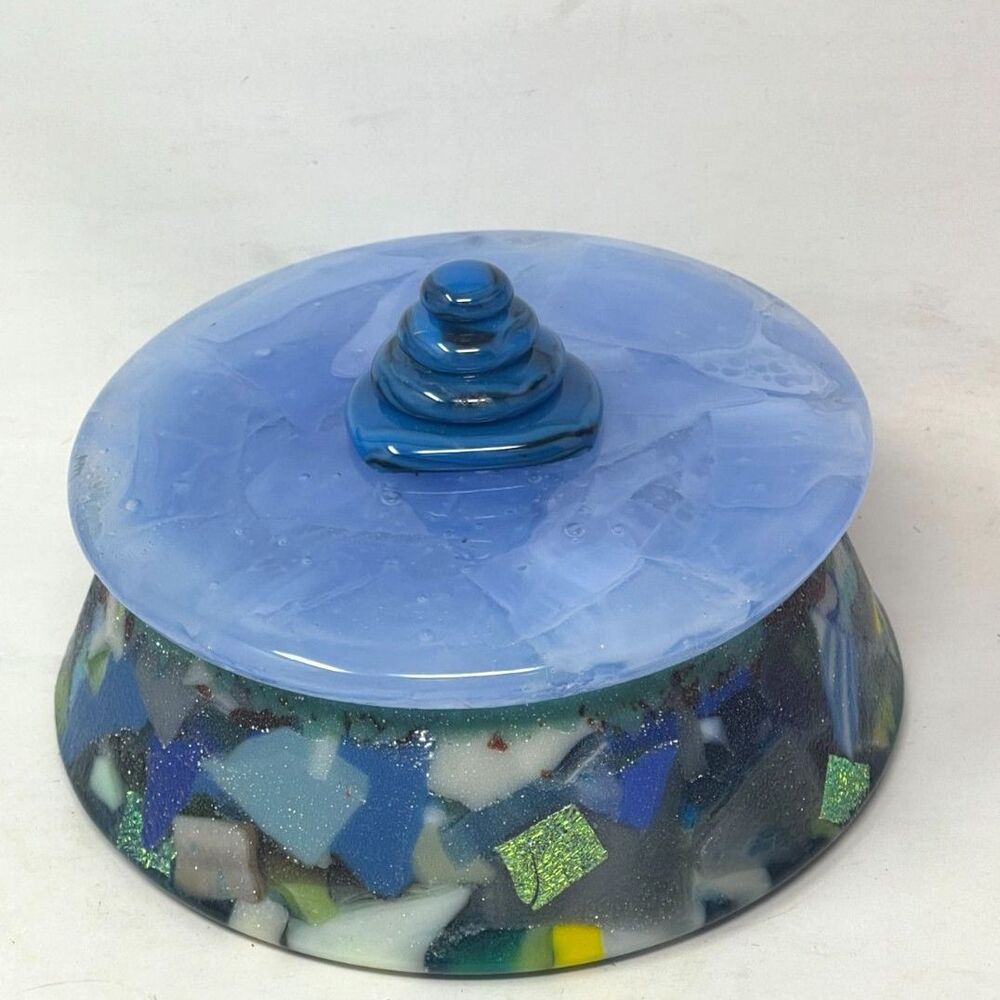 Vintage Large fused Glass Blue Handmade Lidded Trinket Dish Sugar Bowl Art